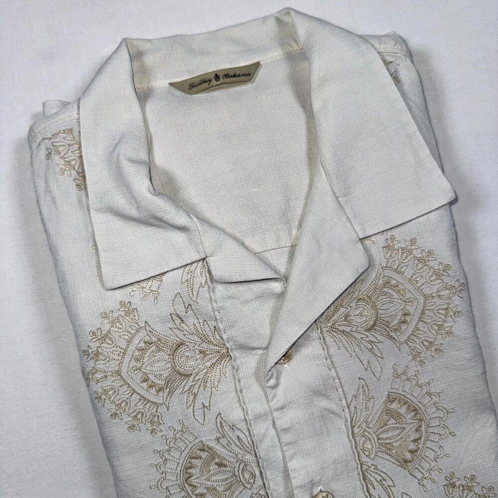 Tommy Bahama Camp Shirt Mens L Beige 100% Silk Short Sleeve Vacation Guayabera